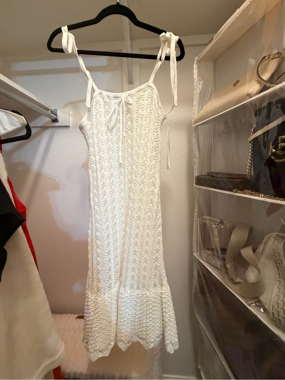 Lulu's White Knit Tie-Shoulder Midi Dress with Scalloped Hem
